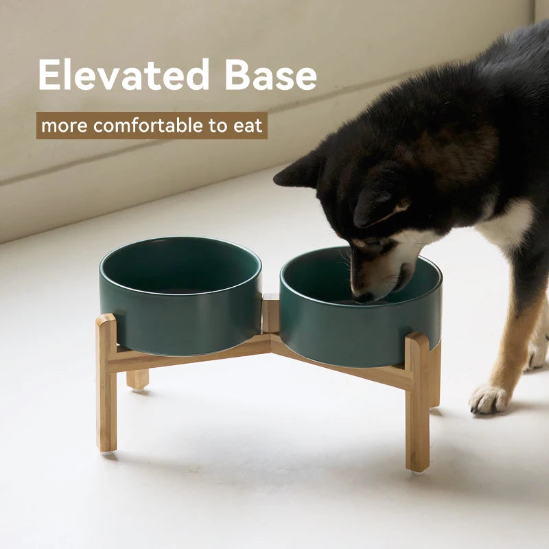 Elevated Ceramic Pet Bowl Set | Natural Wood Stand Feeder