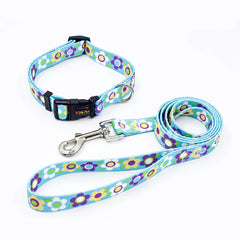 Polyester Printed Dog Leash and Collar Set - Adjustable Thermal Transfer Pet Collar with 120cm Matching Walking Lead for Small to Medium Dogs and Cats