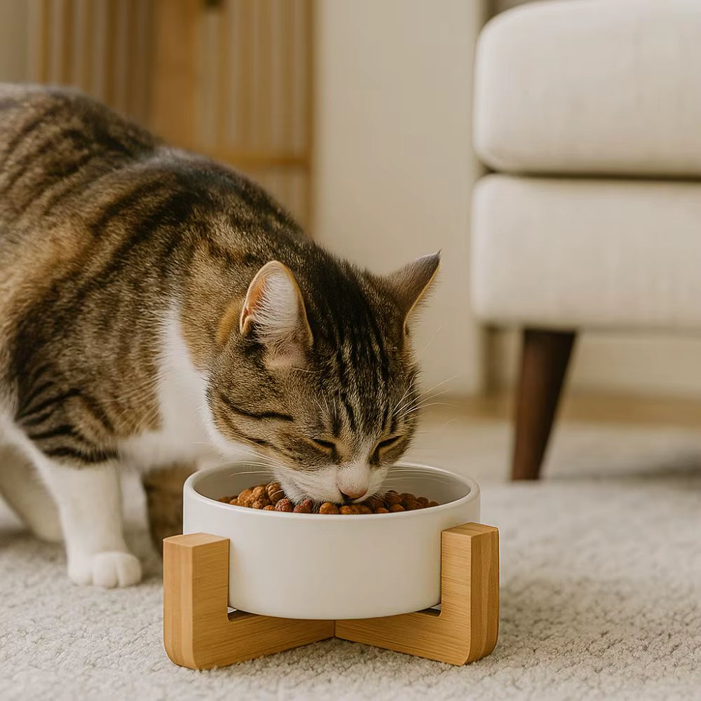 Large Caliber Ceramic Pet Bowls With Wooden Racks