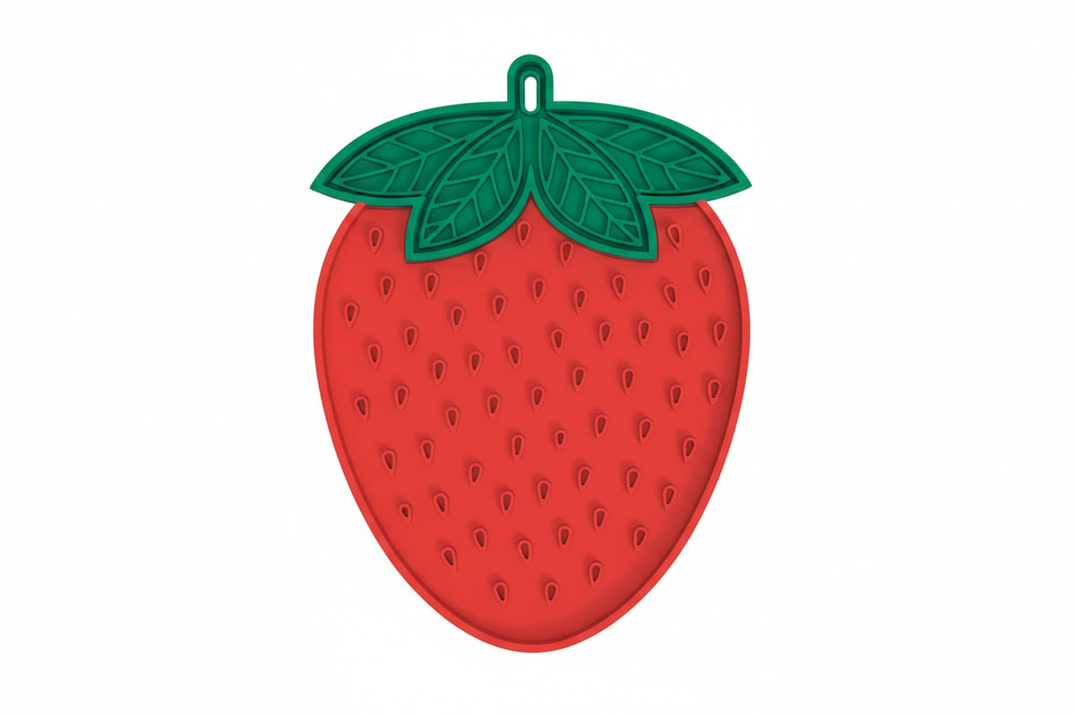 A strawberry-shaped red and green product shown on a white background with dimension labels indicating 21 cm height and 15.5 cm width.