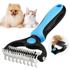 Double Sided Pet Grooming Brush - Stainless Steel Undercoat Rake - Blue & Pink