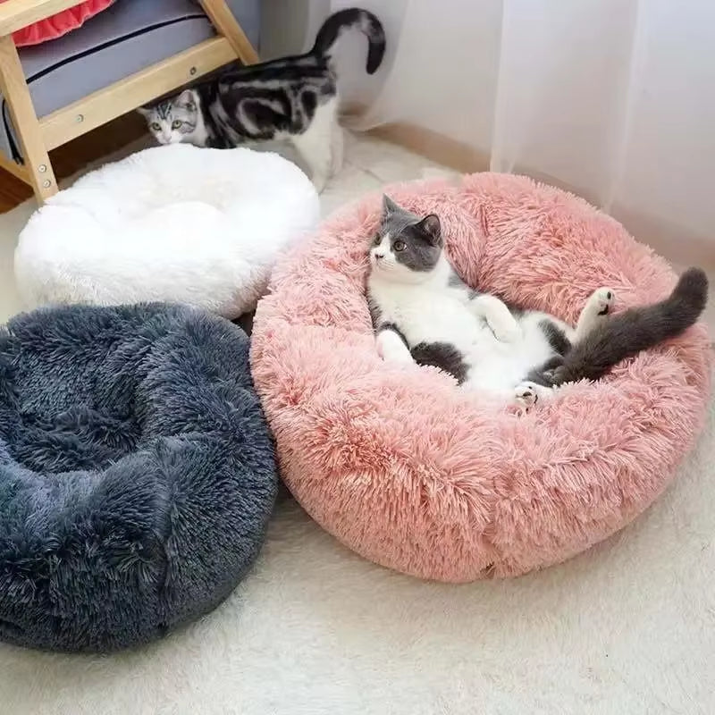 Long Faux Fur Pet Bed Waterproof Plush Donut round Dog Bed Soft Washable Cheap Dog Pet Cat Cushion Bed