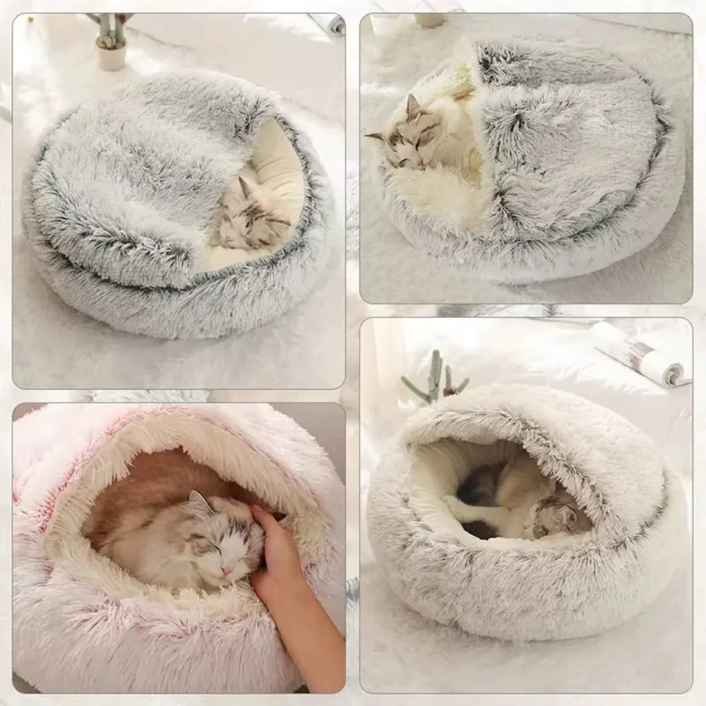 Deluxe Enclosed Plush Pet Bed for Cats - Cozy Round Sleeping Bag and Nesting Cushion