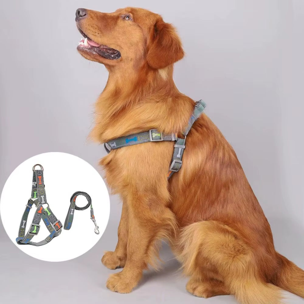 Adjustable Colorful Bone Dog Harness Vest Anti-Breakaway Wear-Resistant Dog Chest Harness with Rope Polyester