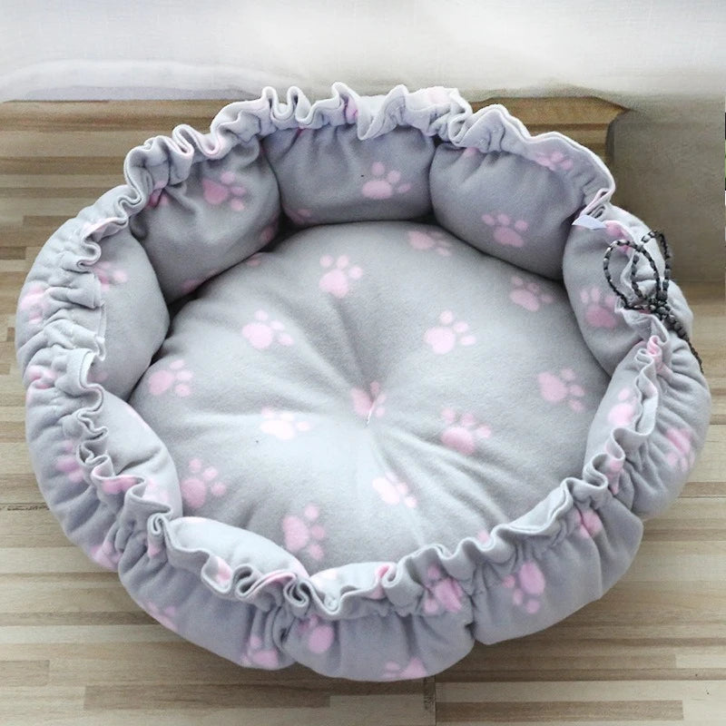 Blush Marshmallow pink and white dual-use pet bed adjusted to a flat round cushion.