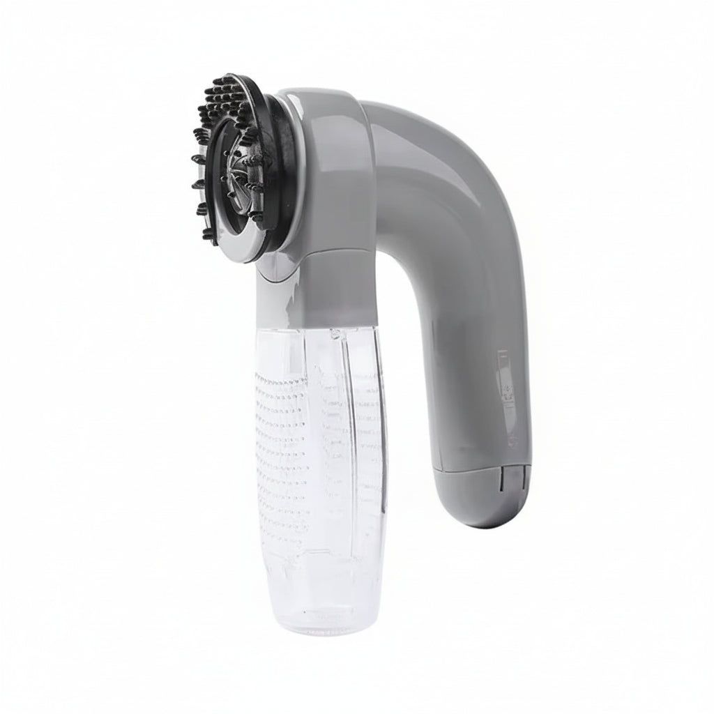 A mineral pebble grey Pawzation 2-in-1 portable pet hair vacuum and grooming massager showing its compact 0.300 kg lightweight design and soft rubber massage head.