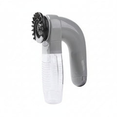 A mineral pebble grey Pawzation 2-in-1 portable pet hair vacuum and grooming massager showing its compact 0.300 kg lightweight design and soft rubber massage head.