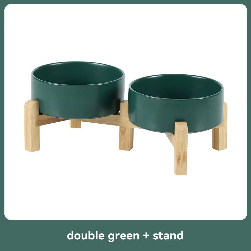 Elevated Pet Bowl for Medium to Large Dogs Ceramic Double Food & Water Bowl with Wooden Stand Cat Drinking & Eating Bowl 1800Ml