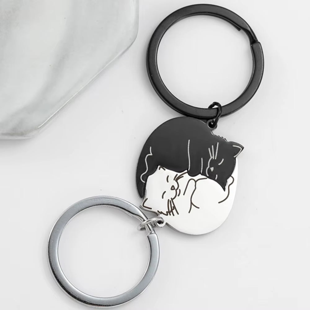 Stainless Steel Black Cat Couples Keychain Puzzle Set - Thoughtful Valentine's Gift for Partners and Friends