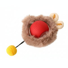 Plush rabbit-shaped toy with a red ball inside, featuring operating modes and specifications on a light background.
