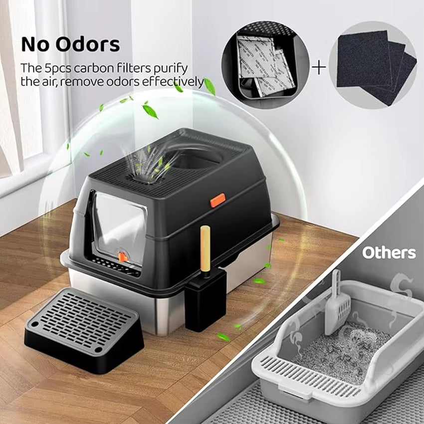 Extra Large Stainless Steel Cat Litter Box with Lid and Cover - Odor-Controlled Design for Large Cats