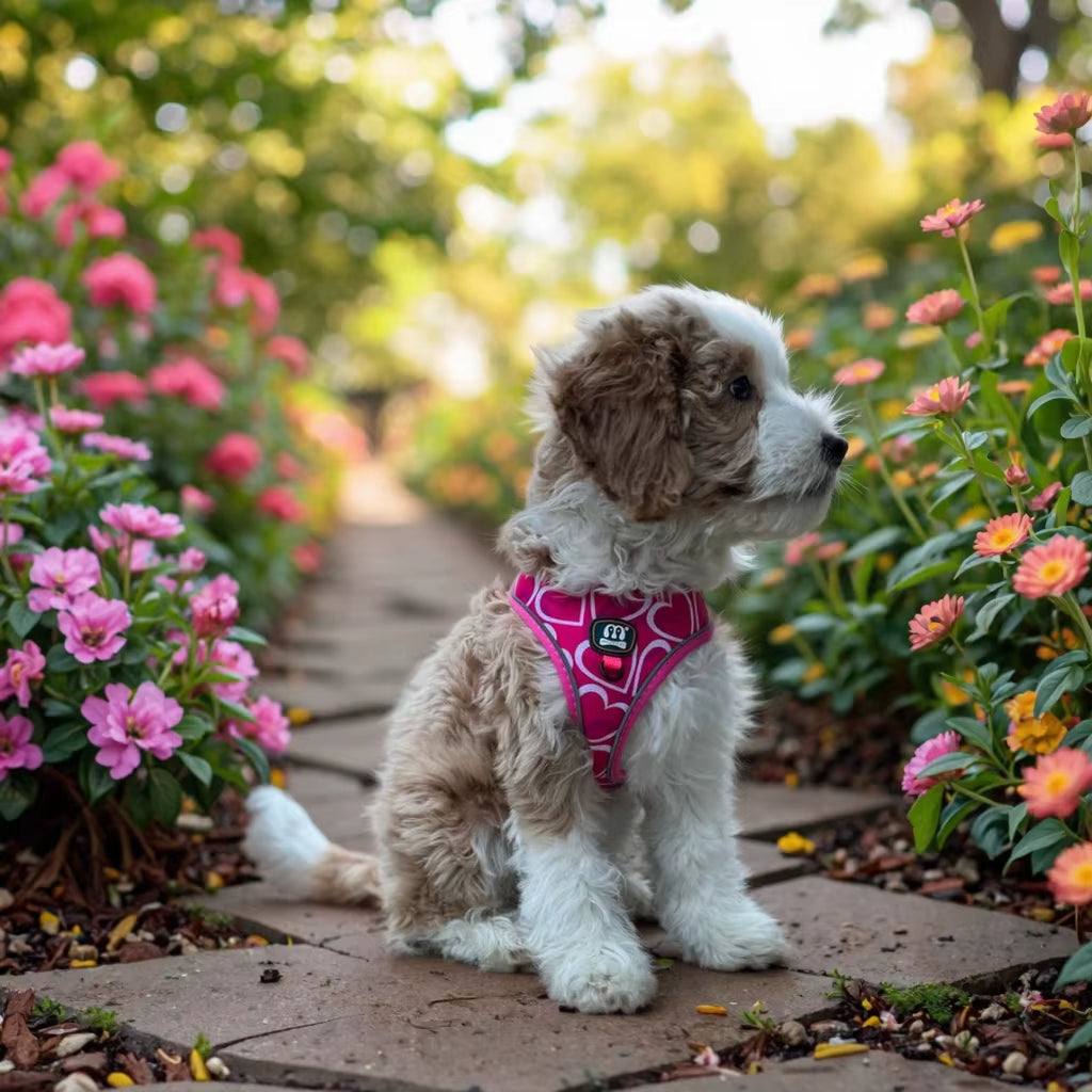 3Pcs/Set Love Heart Print High Quality Adjuatbale Rose Red Color Pet Dog Harness & Leashes & Poop Bag Holder Set for Walking