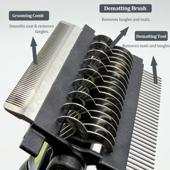 3-in-1 Pet Grooming Hair Brush Dog Deshedding Tool & Double Sided Dematting Comb with Stainless Steel Teeth Fur Knot Cutter