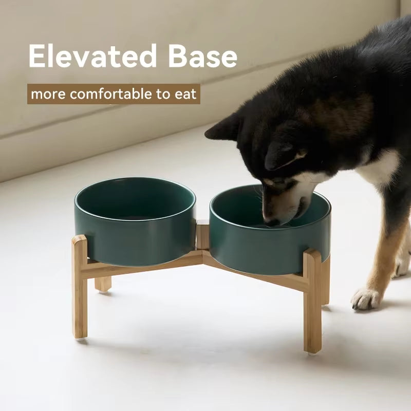 Elevated Pet Bowl for Medium to Large Dogs Ceramic Double Food & Water Bowl with Wooden Stand Cat Drinking & Eating Bowl 1800Ml