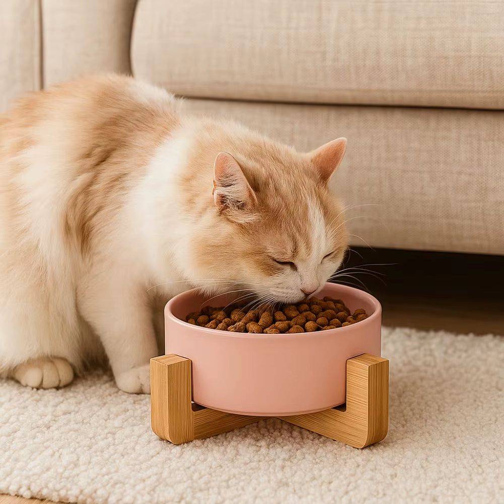 Large Caliber Ceramic Pet Bowls With Wooden Racks