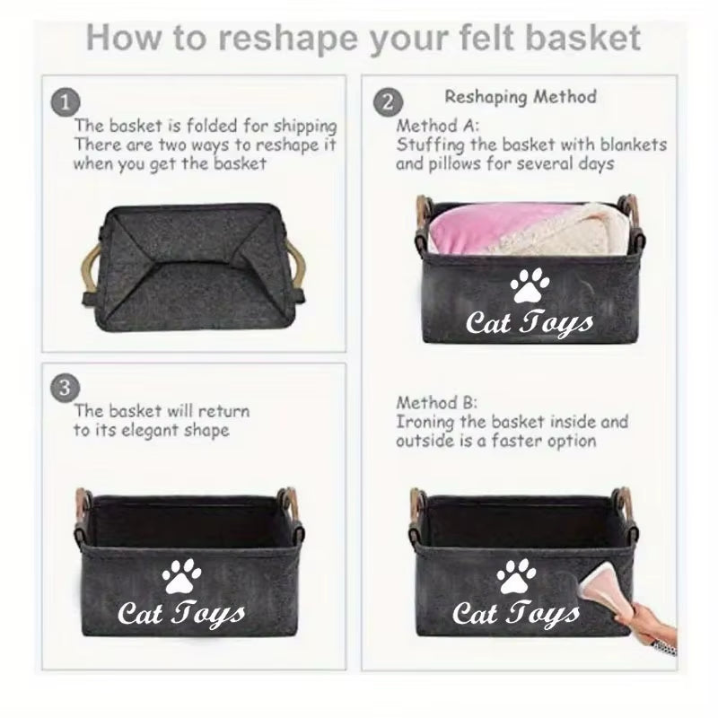 Durable Polyester Cat Toy Storage Box |Graphic Paw Print Design,Pet Toy Organizer Basket for Home Organization,No Battery Needed