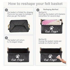 Durable Polyester Cat Toy Storage Box |Graphic Paw Print Design,Pet Toy Organizer Basket for Home Organization,No Battery Needed