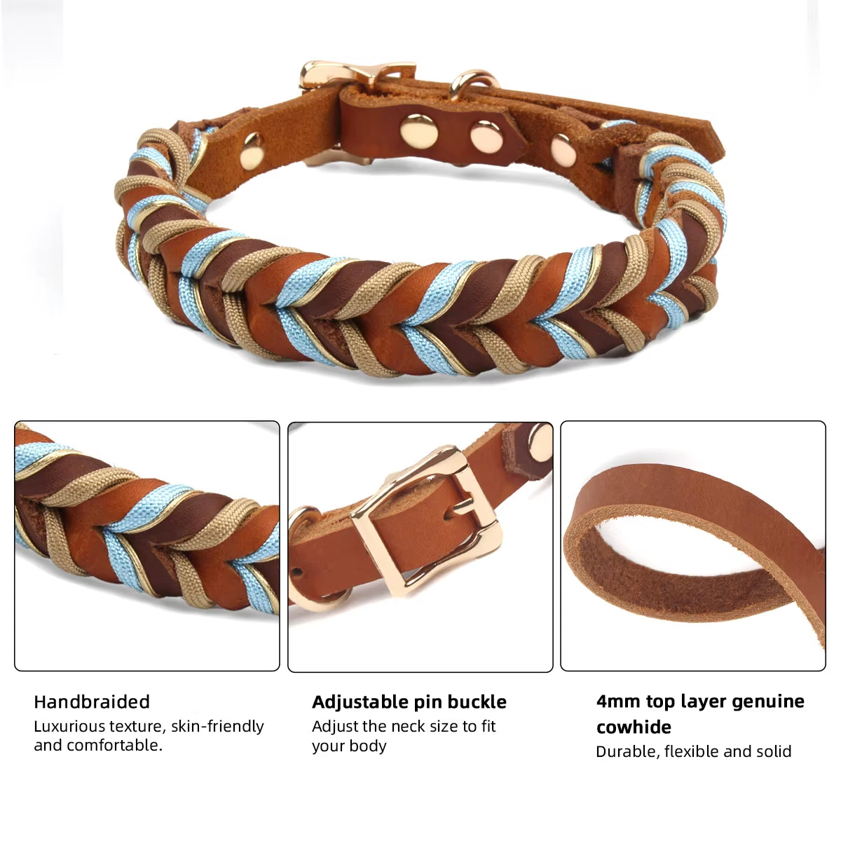 Genuine Leather Collar for Strong and Durable Puppy Medium Large Dogs Fashion Braided Colorful Nylon Rope Dog Collar New Arrival