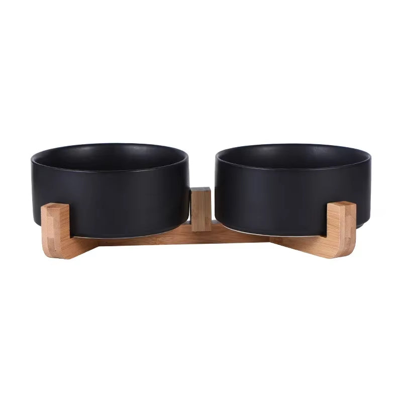 Ceramic Elevated Pet Bowl - Ergonomic Wooden Rack for Cats & Dogs