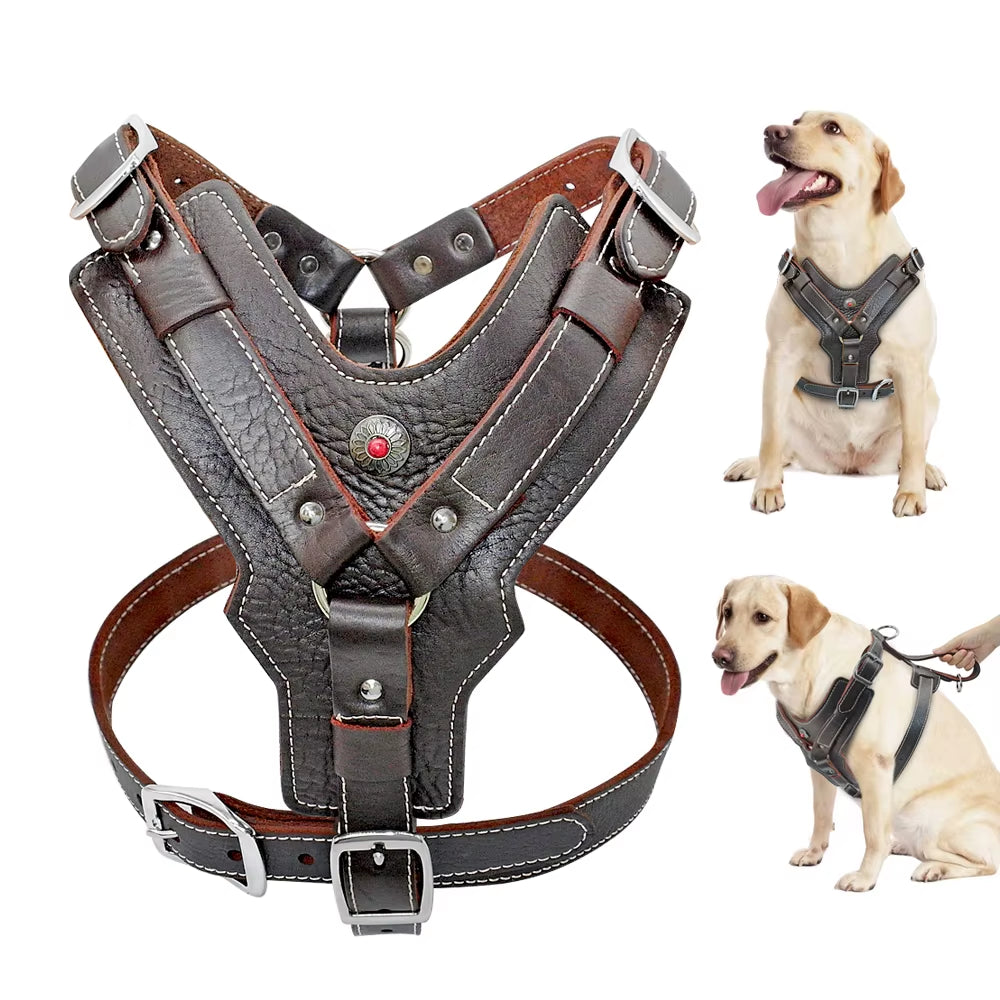 Durable Dog Harness Large Dogs Genuine Leather Harnesses Pet Training Vest with Quick Control Handle for Labrador Pitbull