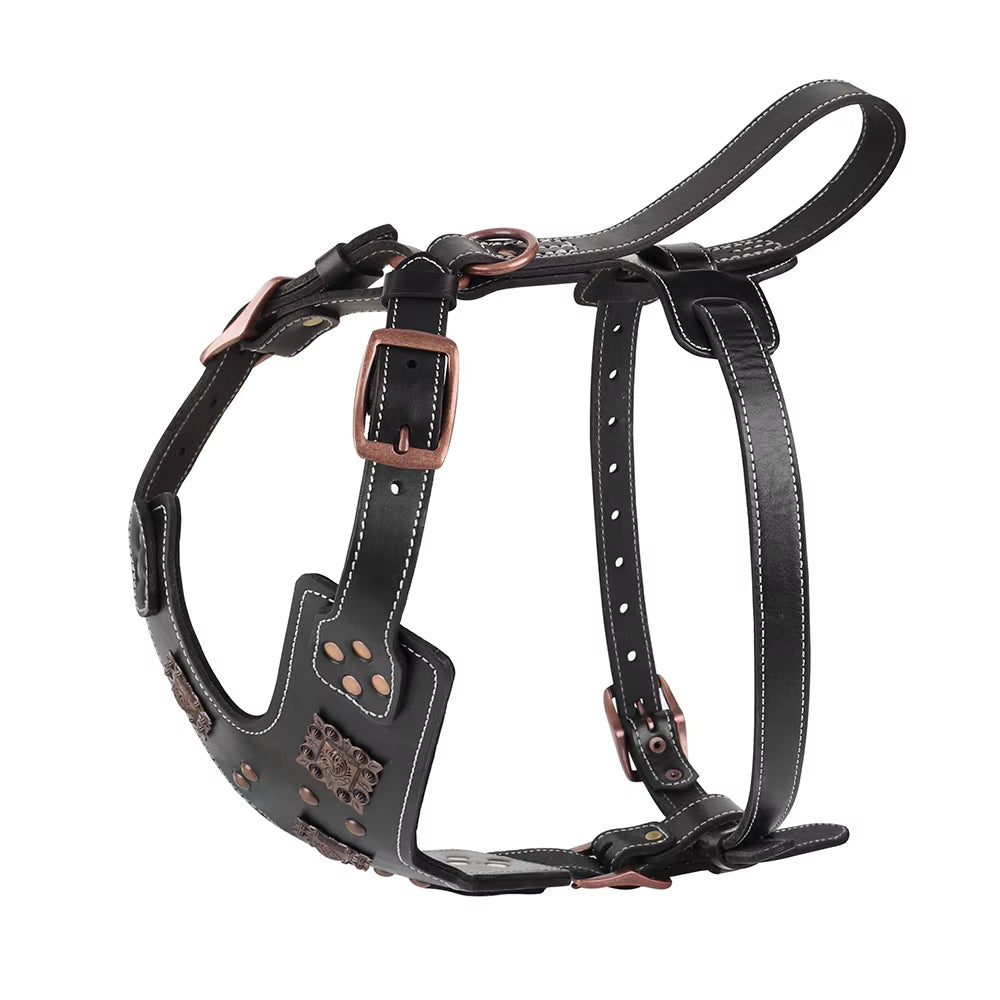Genuine Leather Dog Harness Durable Large Dogs Harnesses Riveted Pet Training Vest with Metal Accessories for Medium Large Dogs