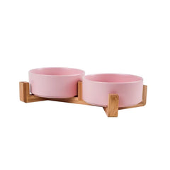 Ceramic Elevated Pet Bowl - Ergonomic Wooden Rack for Cats & Dogs