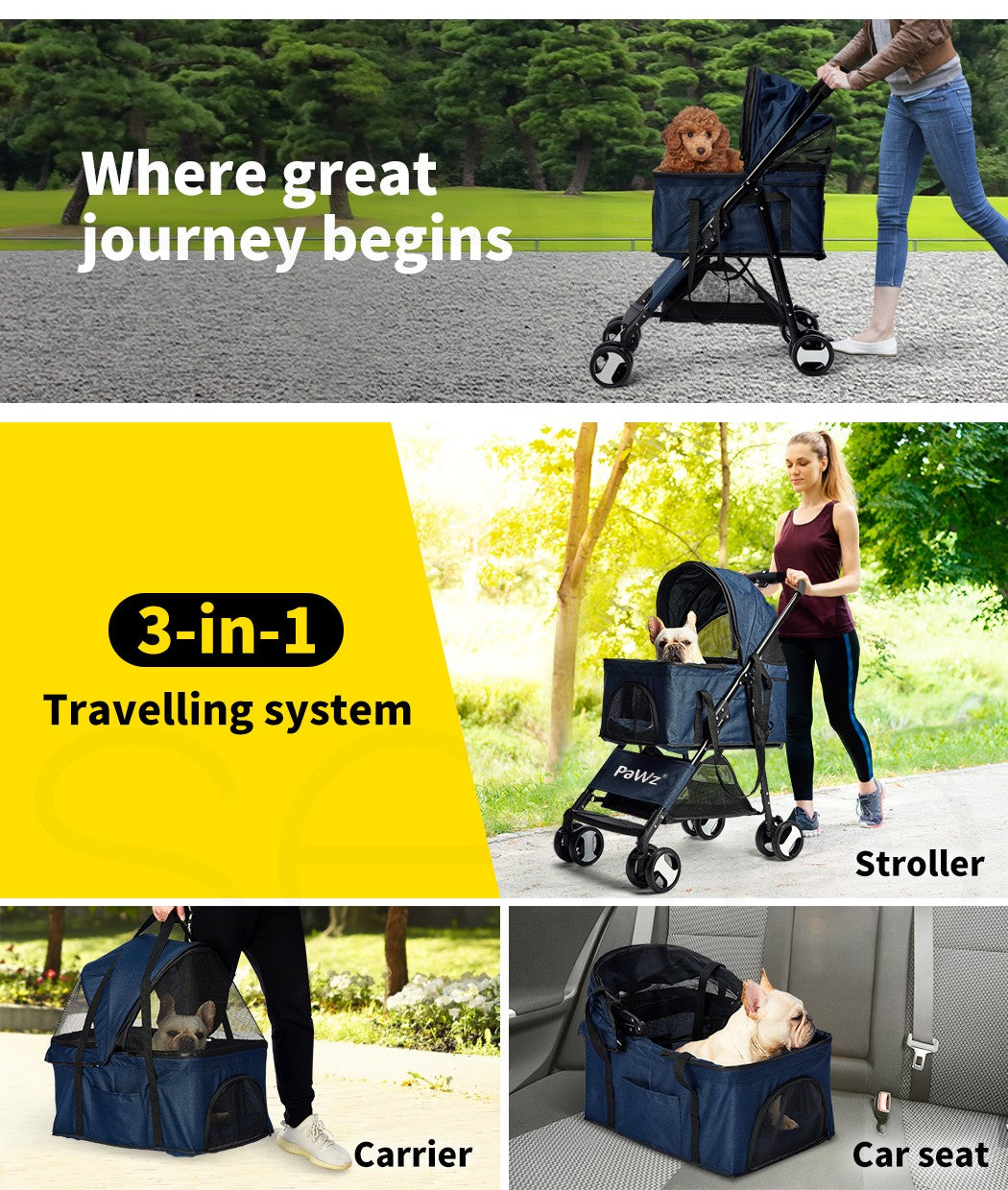 Pawz Pet Stroller Dog Cat Travel Carrier Bicycle Trailer Pram Foldable Pushchair