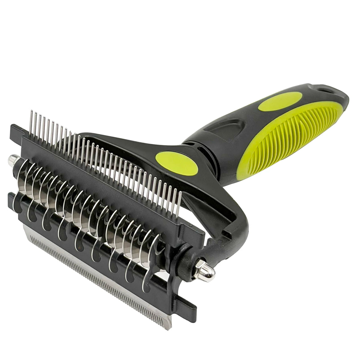 Mint Green 3-in-1 pet grooming hair brush dog deshedding tool and double sided dematting comb with stainless steel teeth and non-slip TPR handle.