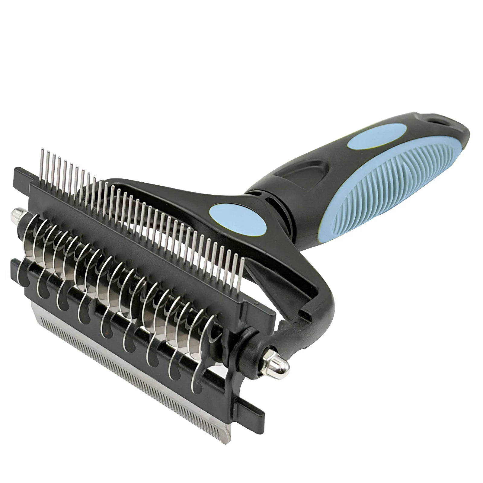 Ocean Blue 3-in-1 pet grooming hair brush dog deshedding tool and double sided dematting comb showing the retractable fur knot cutter design.