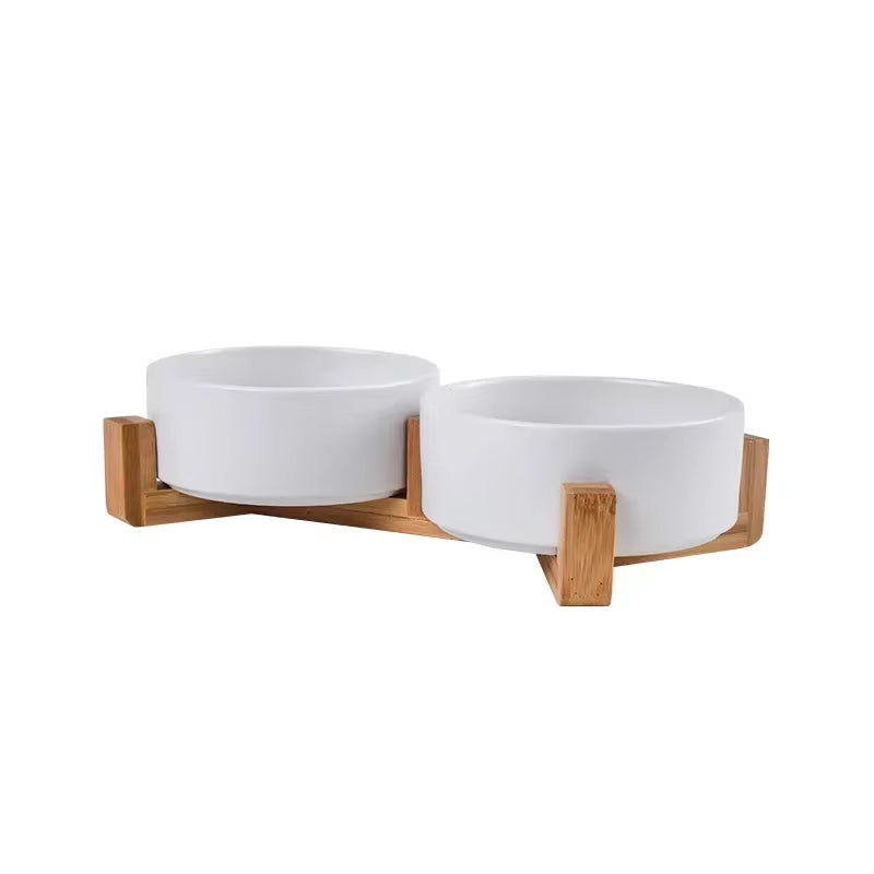 Ceramic Elevated Pet Bowl - Ergonomic Wooden Rack for Cats & Dogs