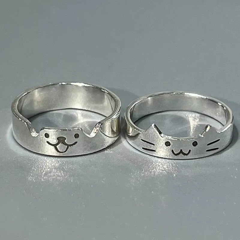 Handmade Adjustable Cat and Dog Couple Rings - Fashion Jewelry for Valentine's Day