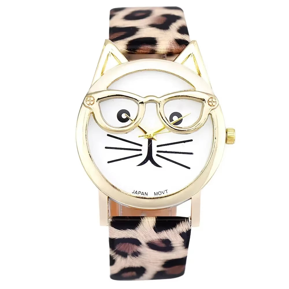 Cute Cat Face Quartz Watch – Women’s Faux Leather Band Wristwatch with Glasses Design