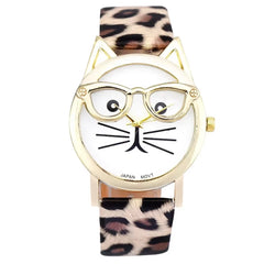 Cute Cat Face Quartz Watch – Women’s Faux Leather Band Wristwatch with Glasses Design