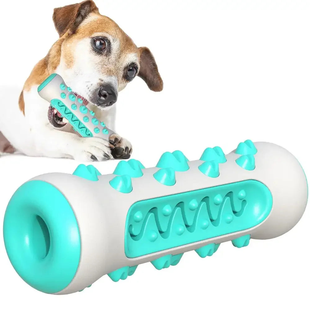 A glacier mint green soft thermo-plastic rubber puppy dental care cleaning stick laid flat to showcase its lightweight, slip-resistant elastic structural composition.