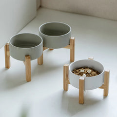 Elevated Ceramic Pet Bowl Set | Natural Wood Stand Feeder