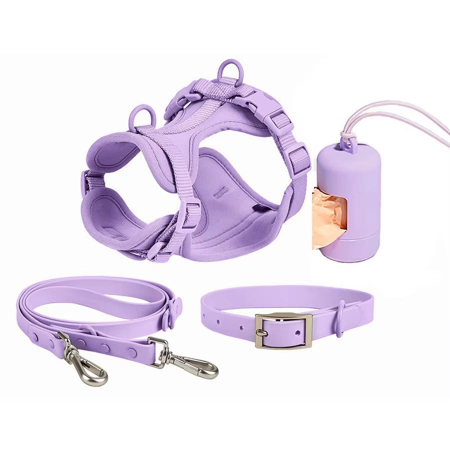 Dog Collar Leash And Harness Set With Poop Collector Bag- Nylon Fabric