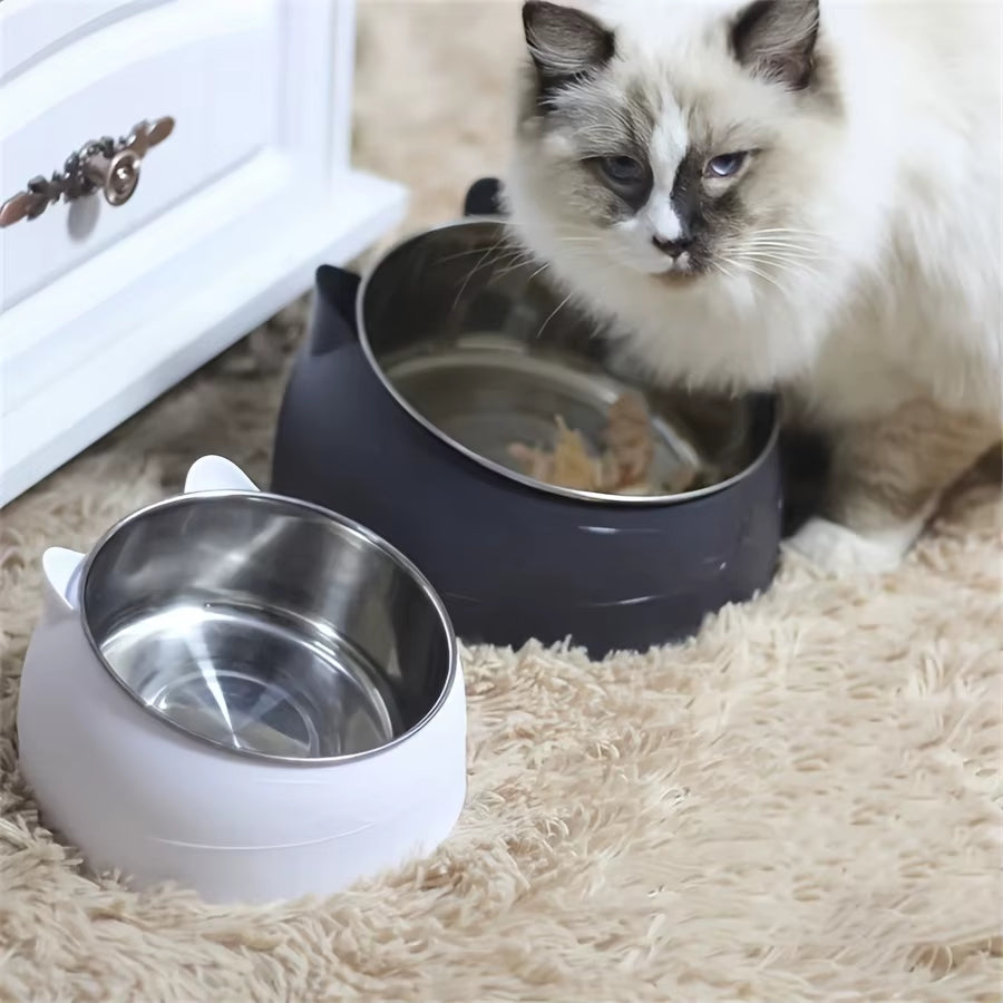 1Pc Elevated Stainless Steel Cat Bowl, Inclined Food & Water Dish with Cute Ear Stand, Neck Protection Design for Cats