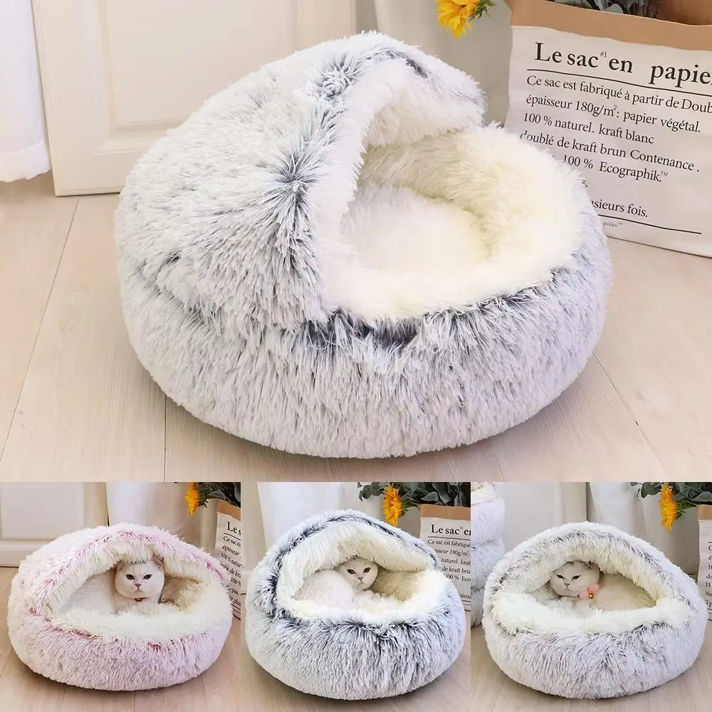 Deluxe Enclosed Plush Pet Bed for Cats - Cozy Round Sleeping Bag and Nesting Cushion