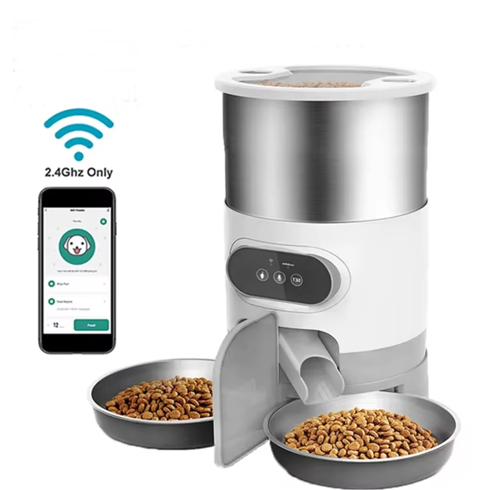 Smart Automatic Pet Feeder with Voice Recorder - Timed Quantitative Food Dispenser with Double Stainless Steel Bowls for Cats and Dogs