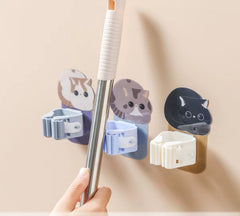 Cartoon Cat Mop Hook – No-Punch Wall-Mounted Self-Adhesive Broom Holder (7×10cm)