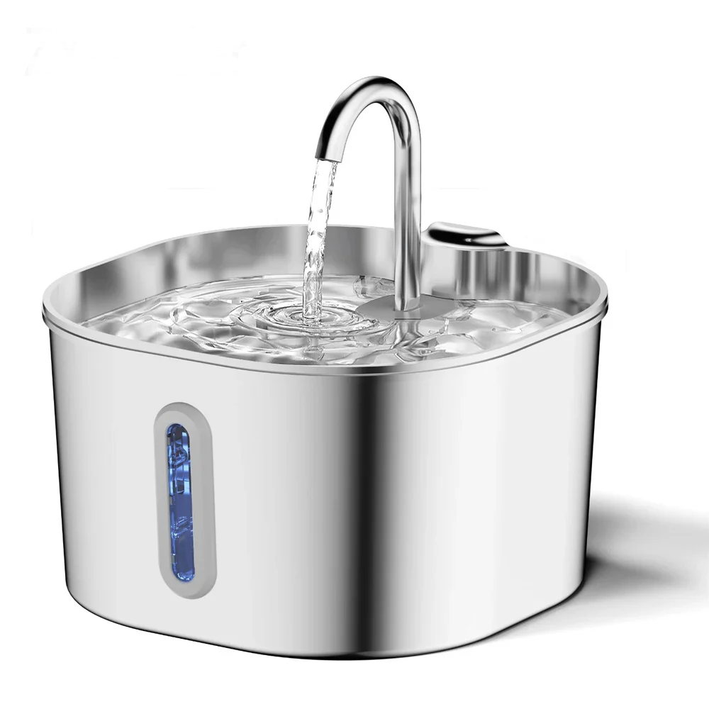 2.2L Automatic Cat Water Fountain Square Stainless Steel Pet Water Feeder Dog Water Fountain with Window（No 5V 1A Plug）