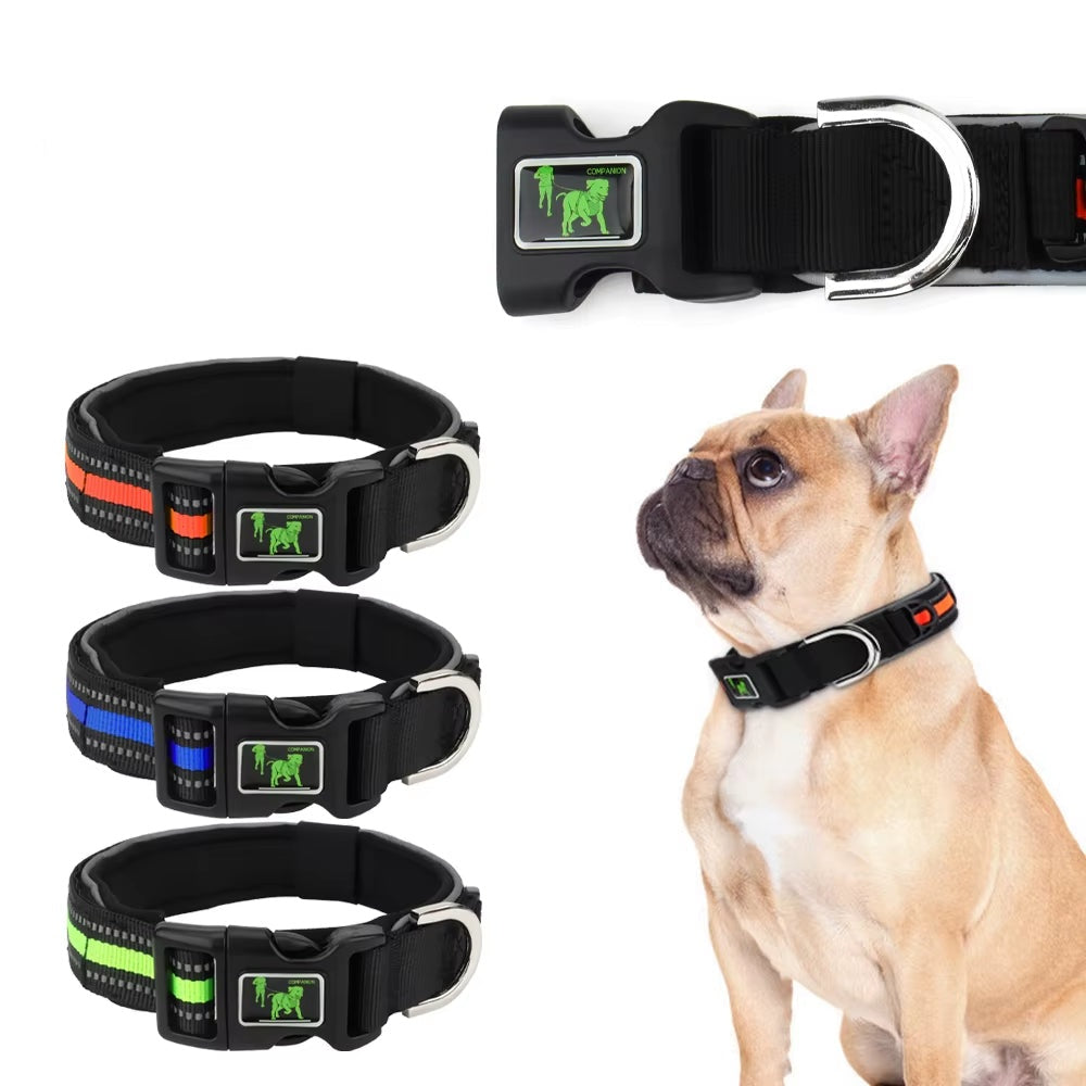 Nylon Padded Dog Collar Soft Adjustable Reflective Pet Collars for Small Medium Large Dogs Training Dog Collar,Black/Orange/Blue