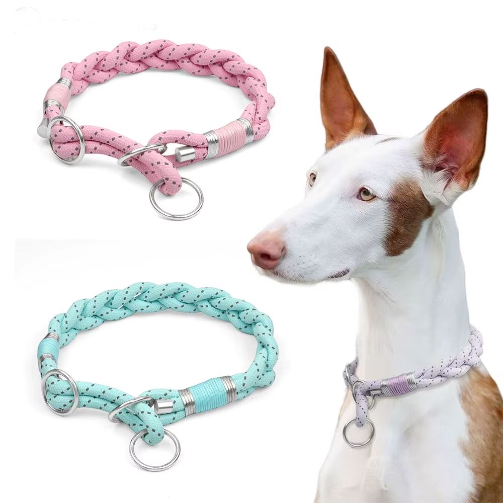 Braid Twisted Design Collar for Dog Strong Solid with Reflective Effect Pet Collars Sky Blue and Pink Colors New Training Collar