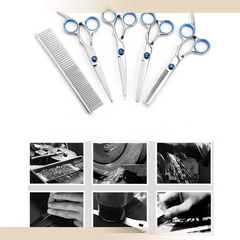 Professional Dog Grooming Scissors Set – 6 Inch Stainless Steel Pet Hair Cutting Kit with Thinning, Straight & Curved Shears + Comb