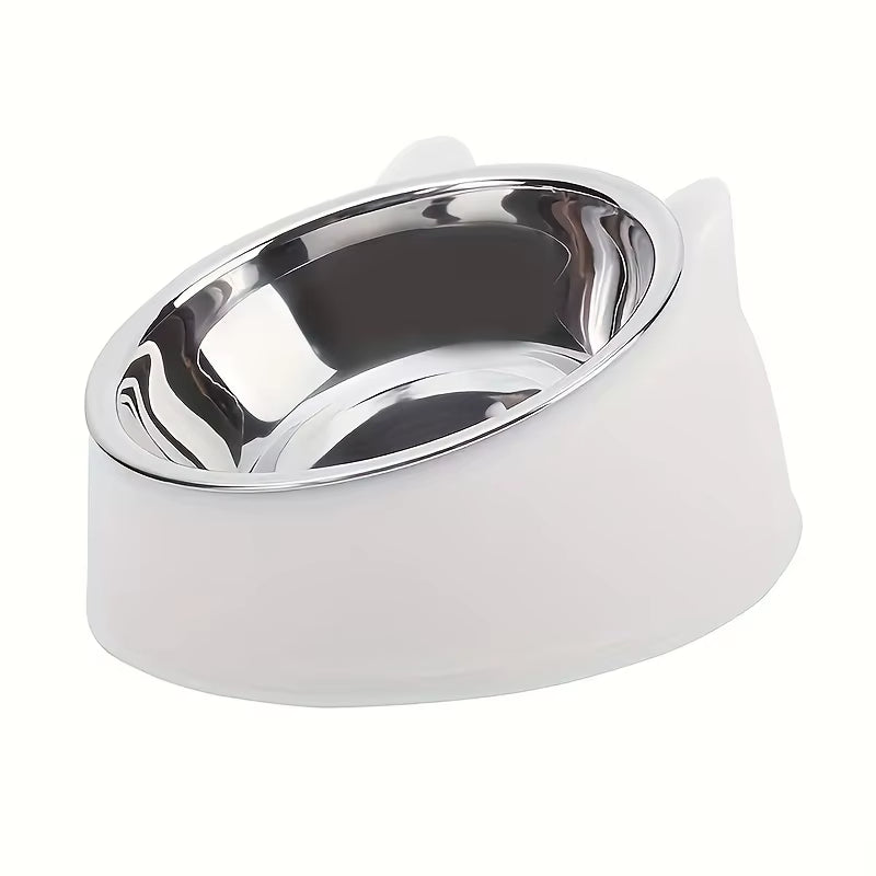 1Pc Elevated Stainless Steel Cat Bowl, Inclined Food & Water Dish with Cute Ear Stand, Neck Protection Design for Cats