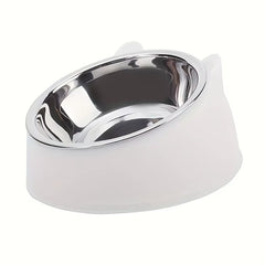 1Pc Elevated Stainless Steel Cat Bowl, Inclined Food & Water Dish with Cute Ear Stand, Neck Protection Design for Cats