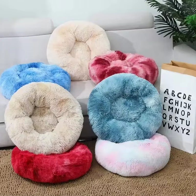 Long Faux Fur Pet Bed Waterproof Plush Donut round Dog Bed Soft Washable Cheap Dog Pet Cat Cushion Bed