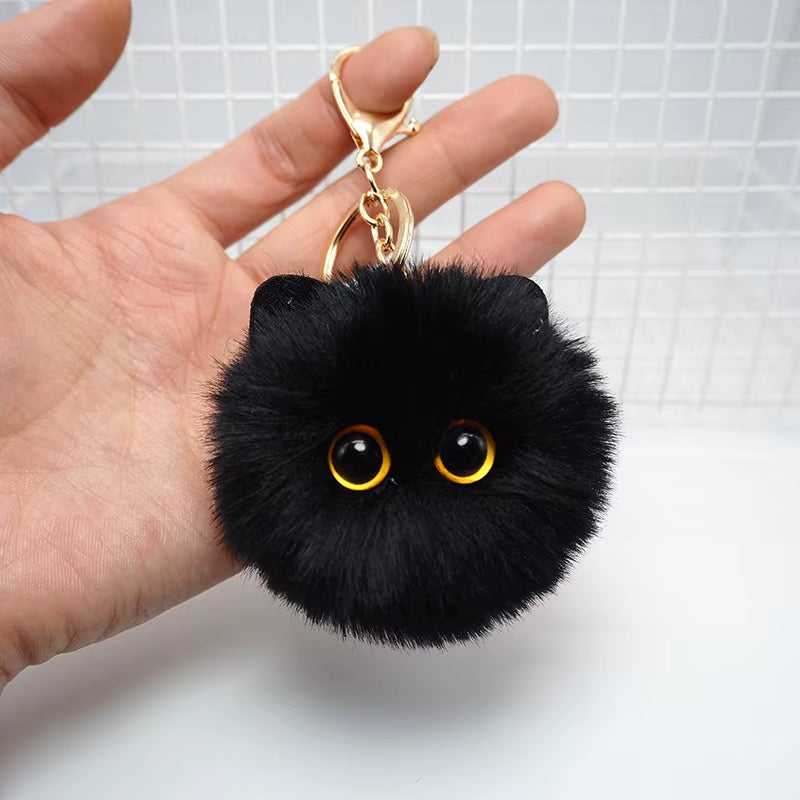 Black Cat Plush Keychain - Cartoon White Kitty Pendant for Women, Girls, and Kids Gift Ornament