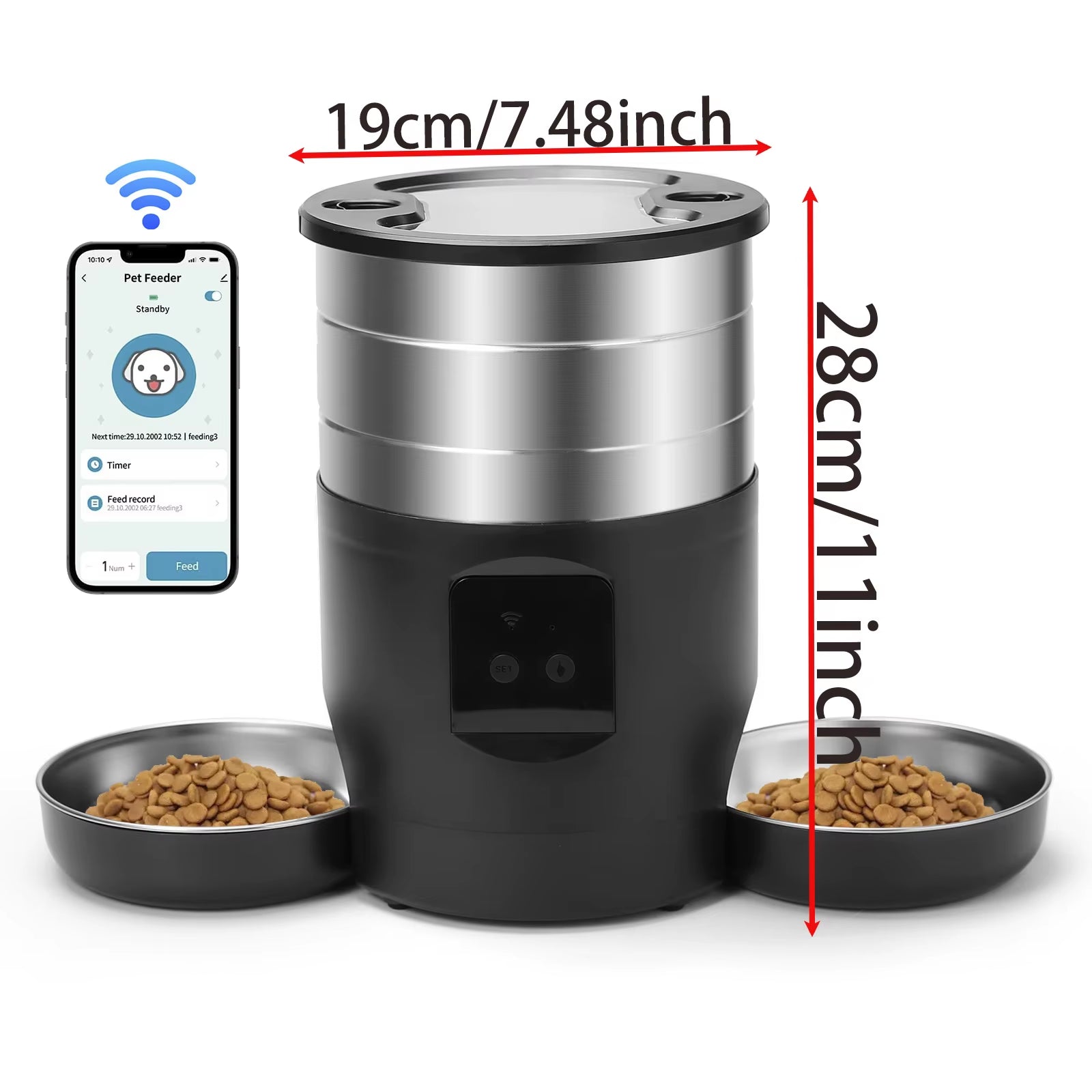 4.5L Button Wifi Automatic Cat Feeder Includes Two Stainless Steel Bowls Smart Pet Cat and Dogs Food Dispenser Feeder Pet Feeder