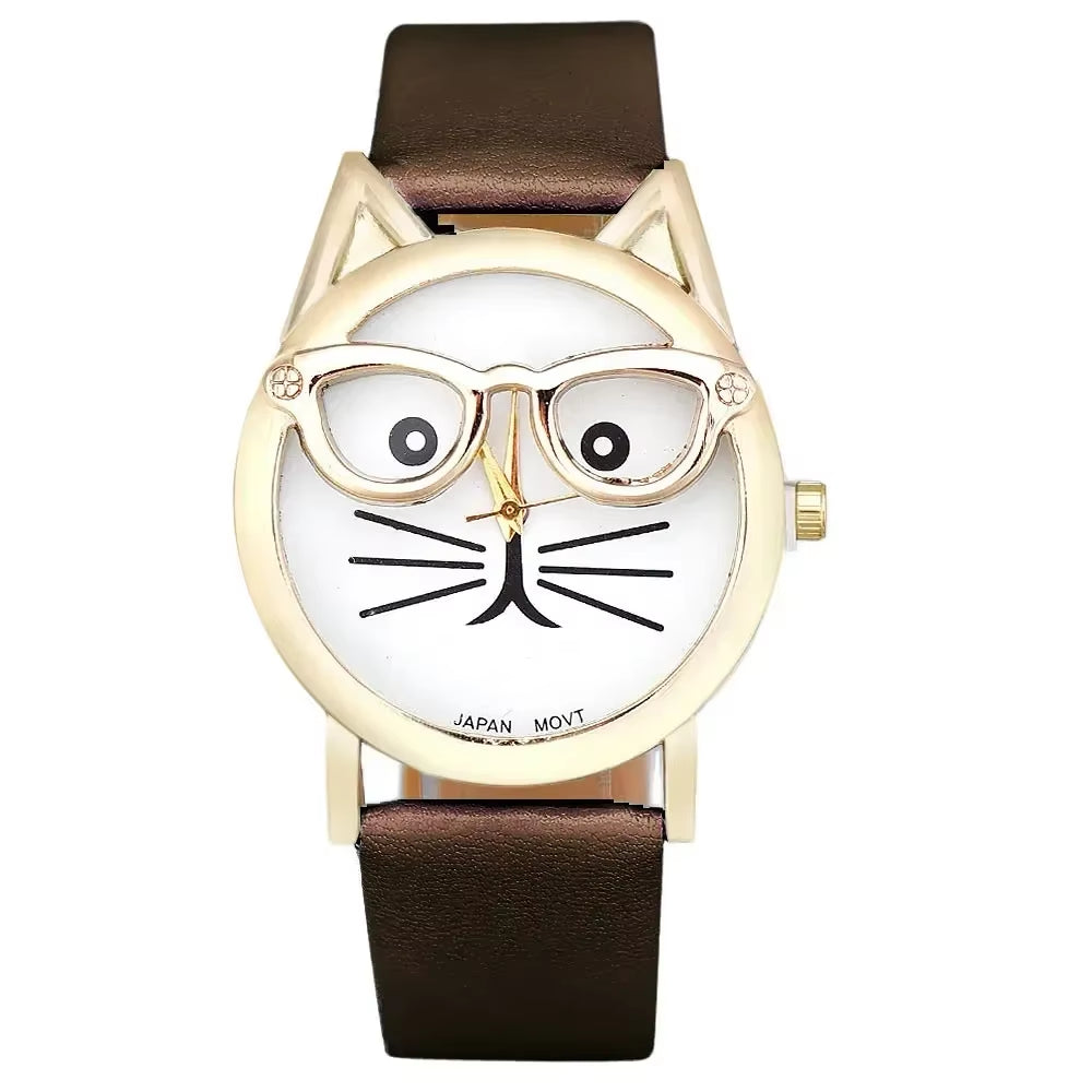 Cute Cat Face Quartz Watch – Women’s Faux Leather Band Wristwatch with Glasses Design